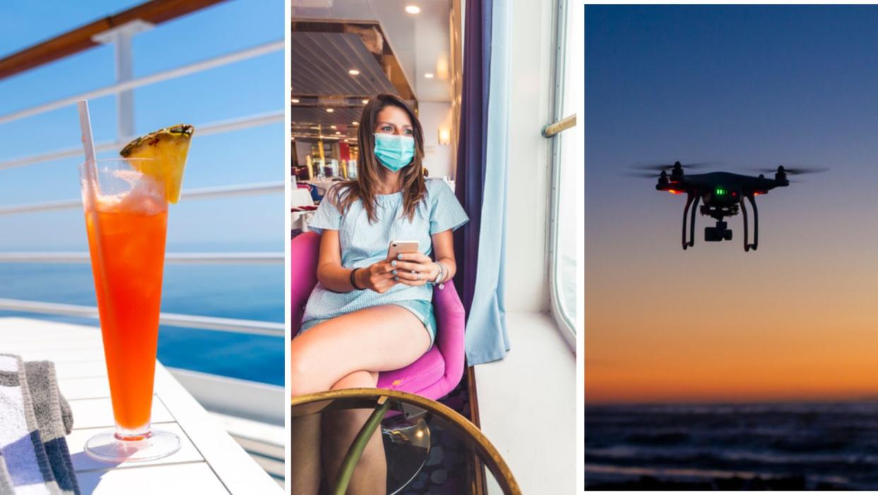 Three images: a cocktail on a cruise ship table, a woman on a ship wearing a mask, and a drone flying at sunset