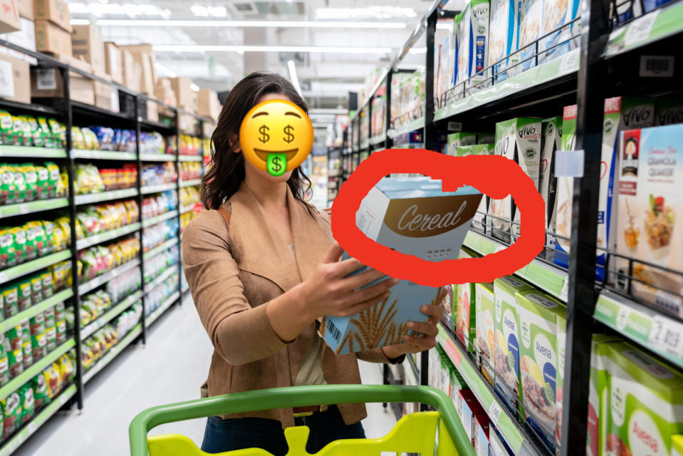 woman buying a generic box of "cereal" brand cereal