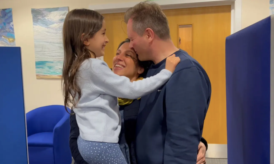 Nazanin-Zaghari Ratcliffe with her daughter Gabriella and husband Richard after being freed from prison (Channel 4 (screengrab))