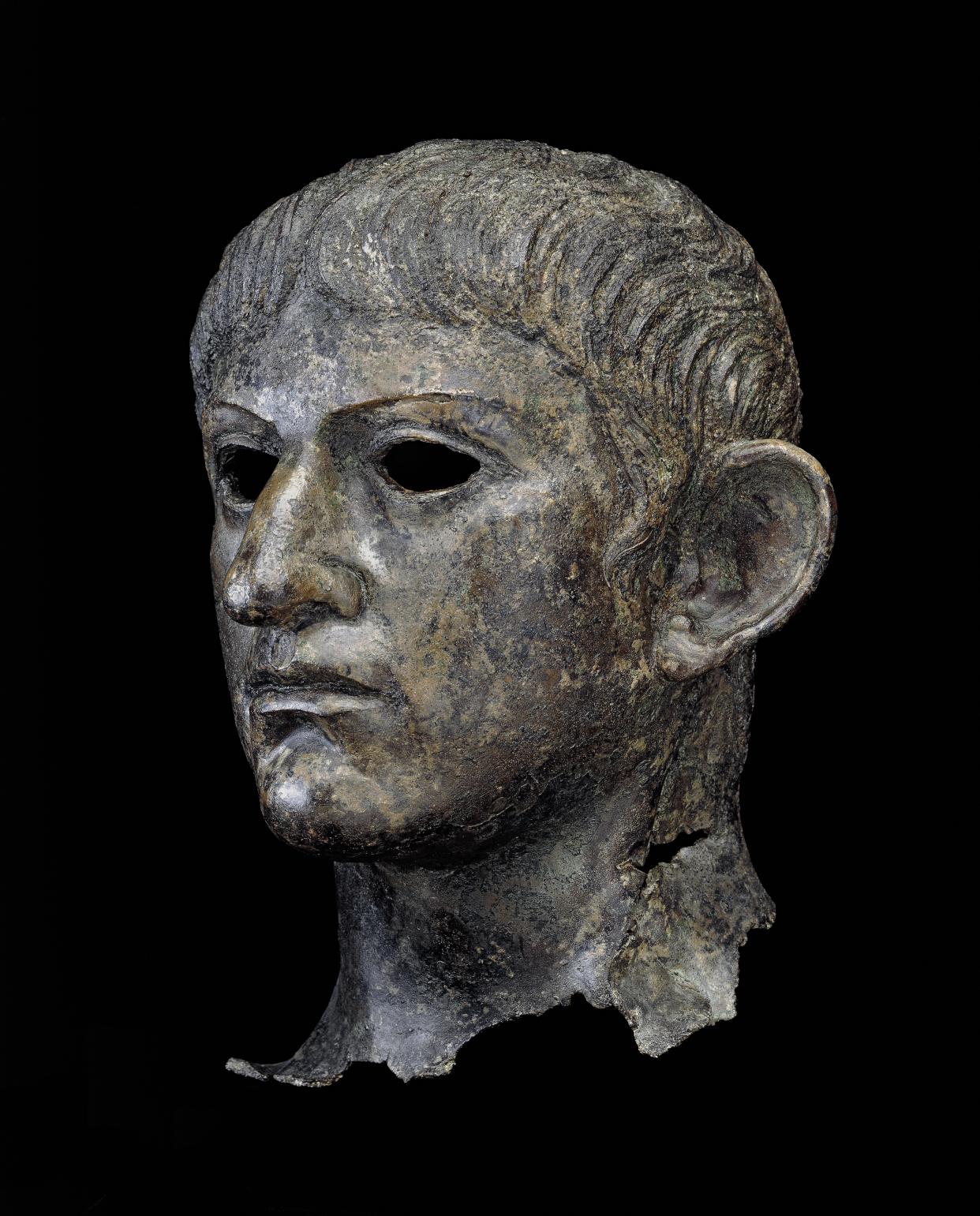 Head from a copper statue of the emperor Nero, found in England, AD 54–61 (The Trustees of the British Museum/PA)