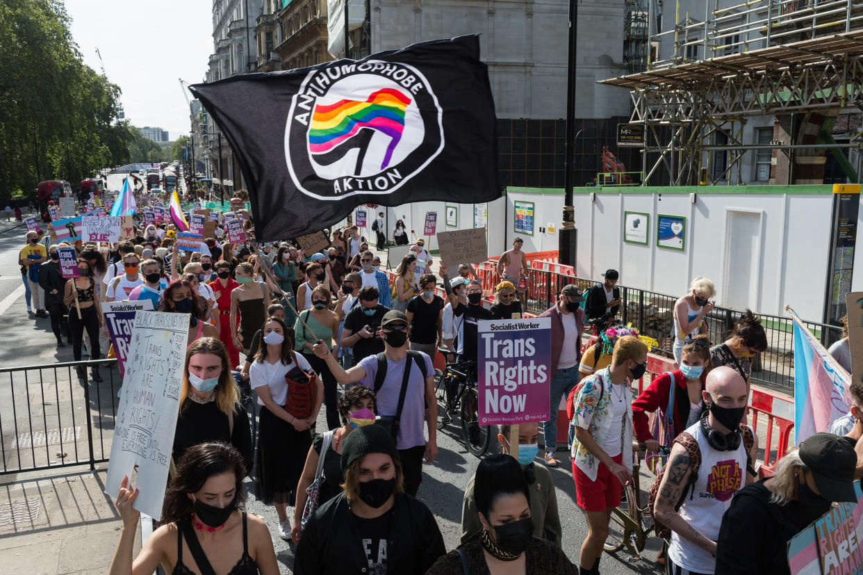 Transgender people and their supporters march along the Piccadilly during London's second Trans Pride protest march for equality on 12 September, 2020 in London, England. Protesters demand legal recognition for non-binary people, an end to non-consensual surgeries on intersex people, and a progressive reform of the UKs Gender Recognition Act  the law that governs the way adult trans men and women gain legal recognition of their gender. (Photo by WIktor Szymanowicz/NurPhoto via Getty Images)