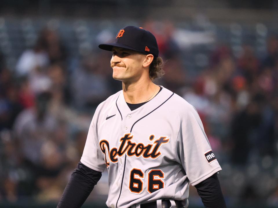 Detroit Tigers starting pitcher Sawyer Gipson-Long (66) returns to the dugout after the bottom of the first inning against the Oakland Athletics at Oakland Coliseum in Oakland, California, on Friday, Sept. 22, 2023.