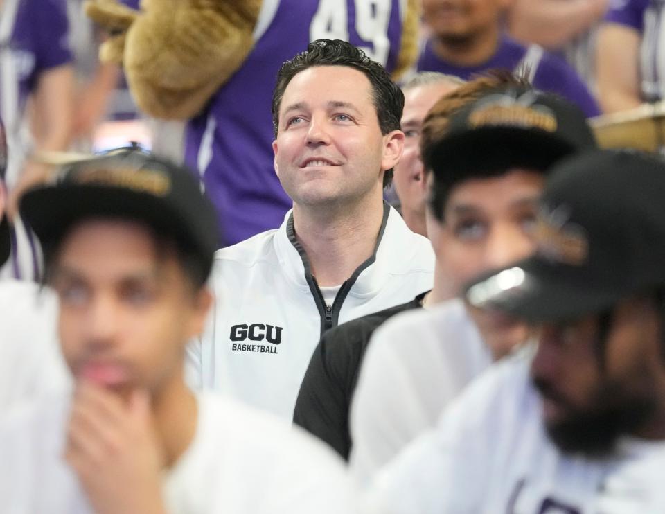 Grand Canyon University head coach Bryce Drew watches an NCAA Selection Show watch party at GCU Arena in Phoenix on March 12, 2023.