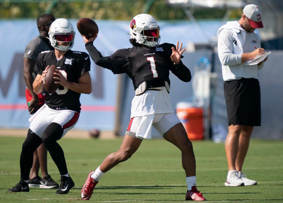 Arizona Cardinals quarterback Kyler Murray (1) throws a pass during a joint training camp practice against the Tennessee Titans at Ascension Saint Thomas Sports Park Wednesday, Aug. 24, 2022, in Nashville, Tenn.