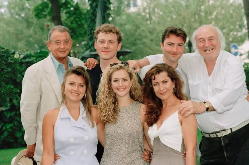 A photocall for the television series 'Heartbeat', August 19,1996. From left to right (back row), actors Derek Fowlds, Mark Jordon, Nick Berry, Bill Maynard; (front row)  Tricia Penrose, Juliette Gruber and Kazia Pelka