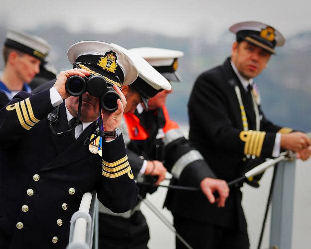 <p>Looking towards land aboard the HMS Bulwark (MoD) </p>