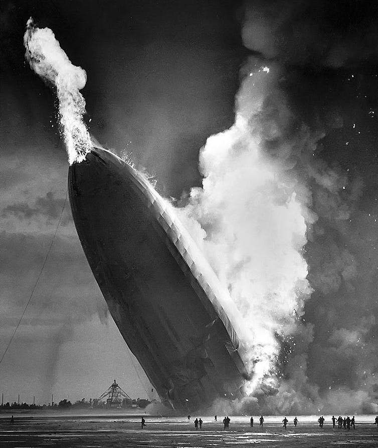 <span class="caption">The hydrogen-filled Hindenberg airship destroyed by fire in 1937. Such a fire could not happen on a world with an oxygen-free hydrogen atmosphere.</span> <span class="attribution"><span class="source">Murray Becker/Associated Press</span></span>