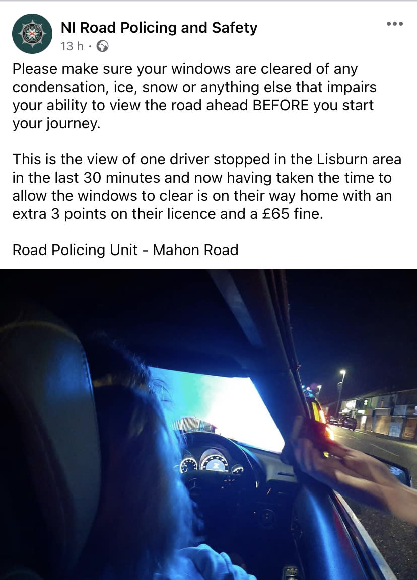 NI Road Policing and Safety Highlighted how an unclear windscreen resulted in a fine for one driver. (Facebook/NI Road Policing and Safety)