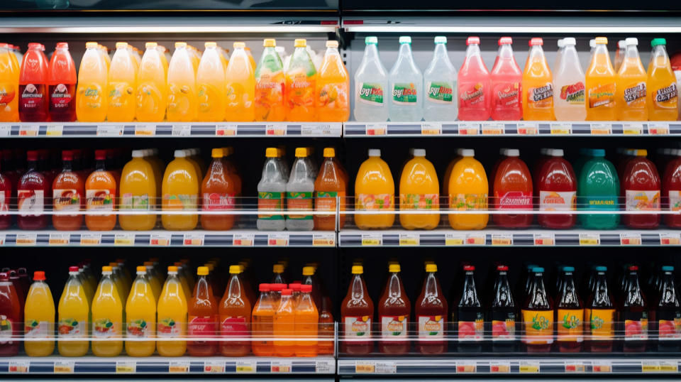 A grocery store shelf lined with the company's assortment of non-alcoholic beverages.