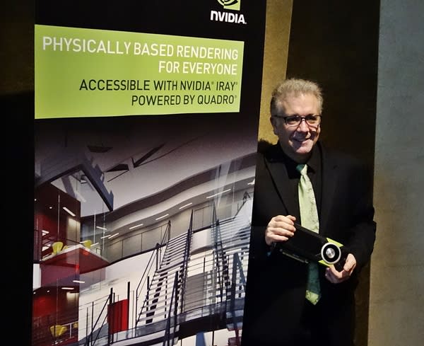 Bob Pette, VP of Professional Visualisation, with a Quadro professional graphics card in his hand.