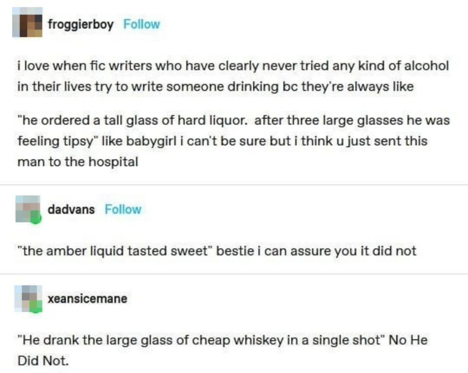 A screenshot of a Tumblr thread poking fun at unrealistic depictions of alcohol consumption in writing