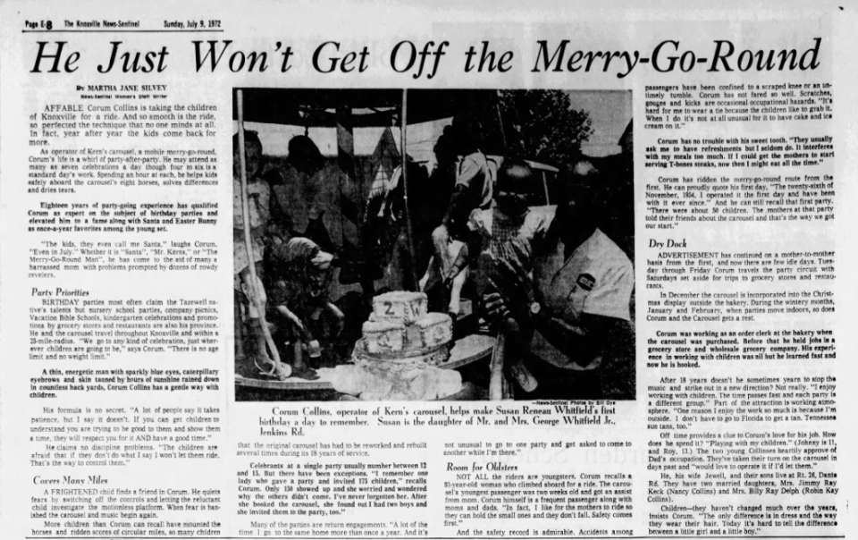 A News Sentinel article from July 9, 1972, described Corum Collins' life as operator of the Kern's carousel as "a whirl of party-after-party."