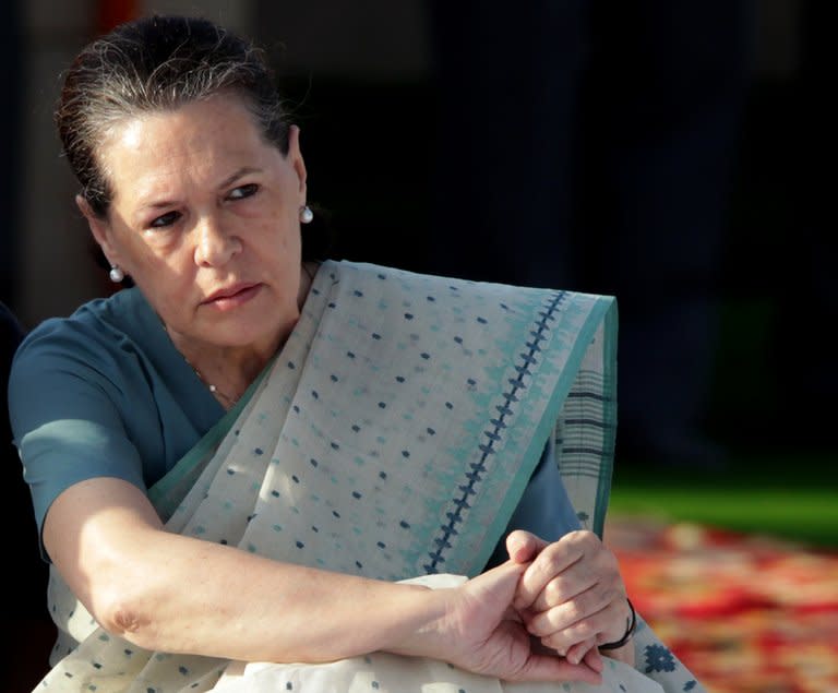 Sonia Gandhi pays her respects at Mahatma Gandhi's memorial in New Delhi, on October 2, 2011. The Italian-born head of India's ruling party has accused Rome of an unacceptable "betrayal" as she waded into a bitter dispute over two marines who have skipped bail