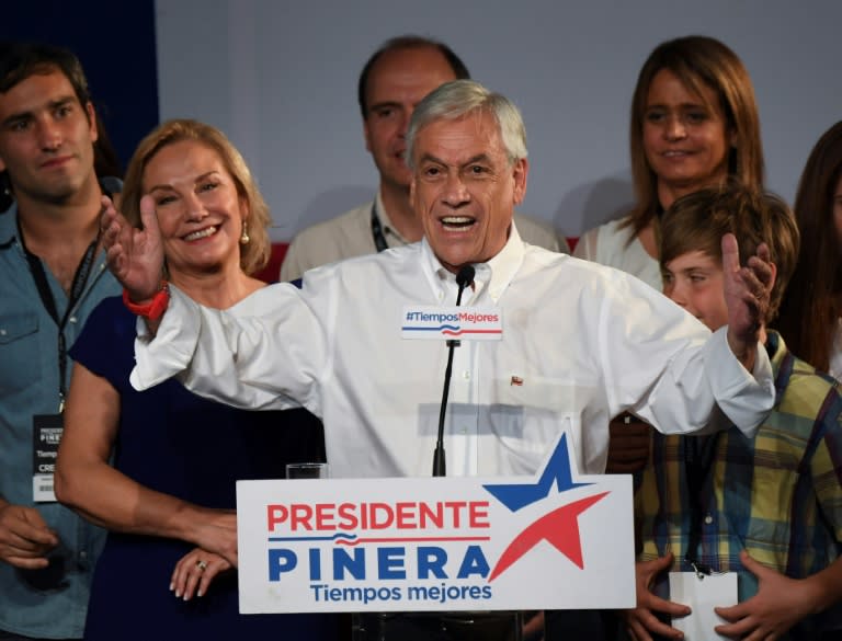 Chilean presidential candidate Sebastian Pinera delivers a speech at the party headquarters in Santiago de Chile