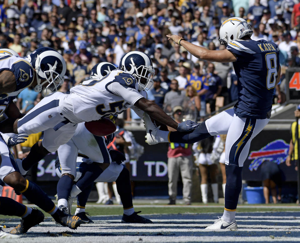 Los Angeles Rams linebacker Cory Littleton blocks a punt by Los Angeles Chargers punter Drew Kaser in the end zone during the first half in an NFL football game Sunday, Sept. 23, 2018, in Los Angeles. (AP Photo/Mark J. Terrill)