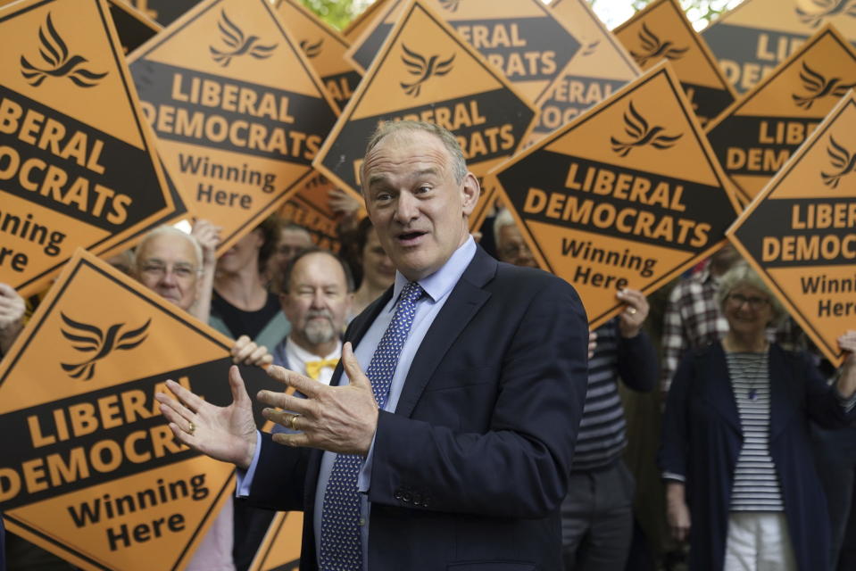 Liberal Democrat leader Sir Ed Davey speaking during a visit to the town centre in Cheltenham, Gloucestershire, while on the General Election campaign trail, Thursday May 23, 2024. Britain’s political party leaders were crisscrossing the country on Thursday, the first day of a six-week election campaign in which voters will decide whether to end the governing Conservatives’ 14 years in power. (Andrew Matthews/PA via AP)