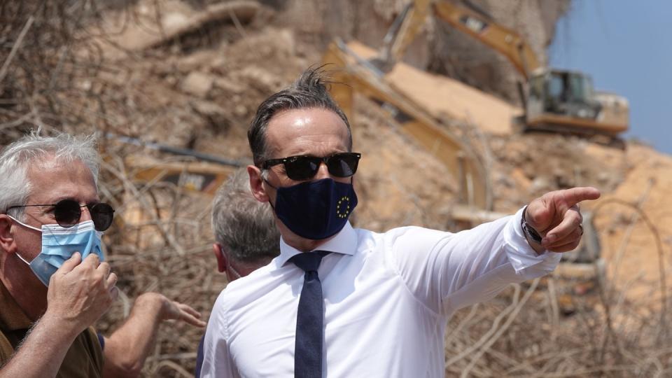 Außenminister Heiko Maas sieht sich bei seinem Besuch in Beirut die immense Zerstörung nach der Explosion vom 4. August an.