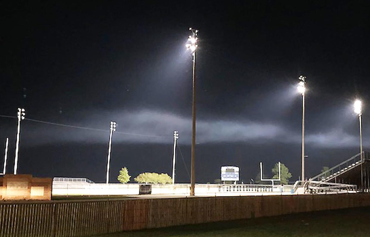 The lights at Prairie Central High School's Lewis Field following a home football game last season. The Prairie Central School Board approved a bid from Vissering Construction to update the lighting system at the field.