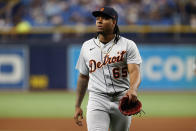 Detroit Tigers pitcher Gregory Soto walks off the field after being relieved against the Tampa Bay Rays during the ninth inning of a baseball game Friday, Sept. 17, 2021, in St. Petersburg, Fla. (AP Photo/Scott Audette)