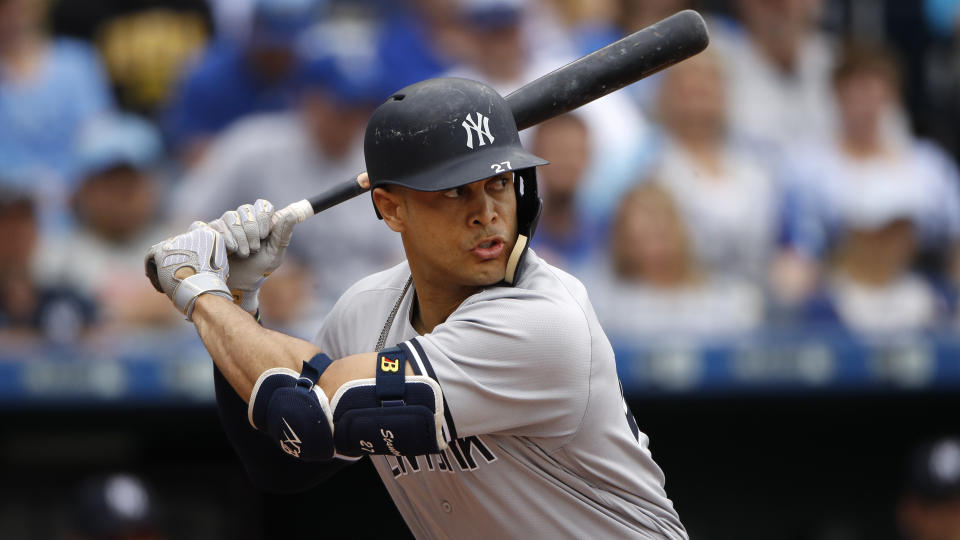 Giancarlo Stanton took to late-night television Friday, joining Jimmy Fallon on “The Tonight Show.” (AP Photo/Charlie Riedel)