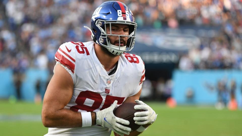 Sep 11, 2022; Nashville, Tennessee, USA; New York Giants fullback Chris Myarick (85) scores the eventual game winning touchdown during the second half against the Tennessee Titans at Nissan Stadium.