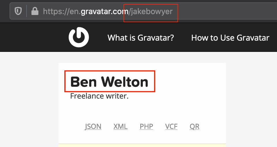 A screenshot from Gravatar showing a connection between Benjamin Welton and one of his pen names, Jake Bowyer. (Photo: Screenshot)