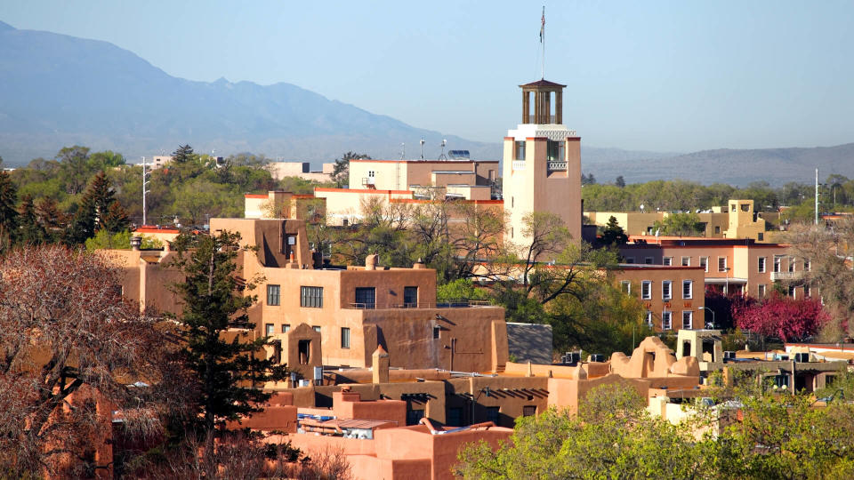 Downtown Santa Fe, New Mexico at dusk.