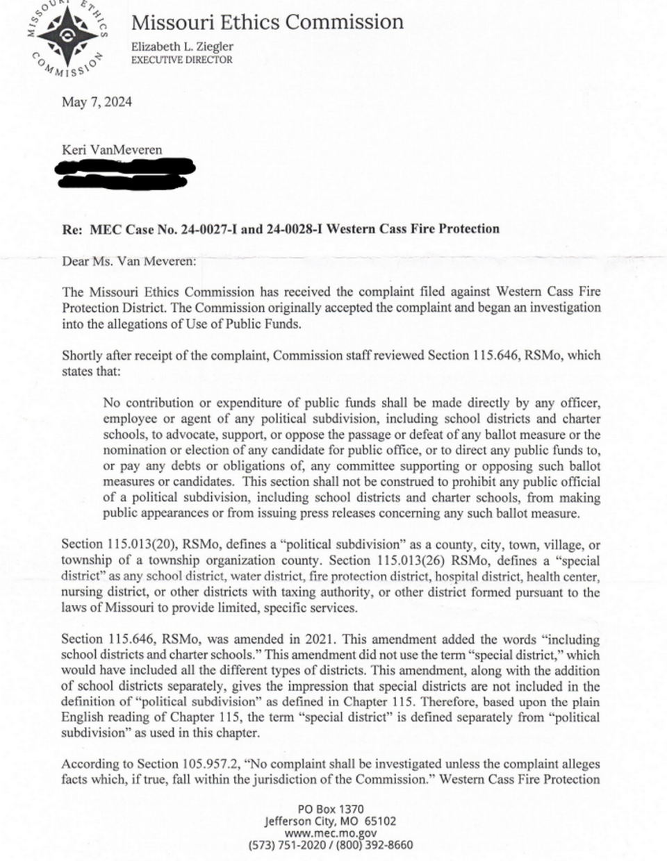 Page one of a letter from Missouri Ethics Commission director Elizabeth Ziegler.