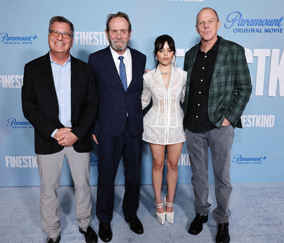 Gary Foster, Tommy Lee Jones, Jenna Ortega and Brian Helgeland attend the "Finestkind" Los Angeles Premiere on December 12, 2023 in West Hollywood, California.