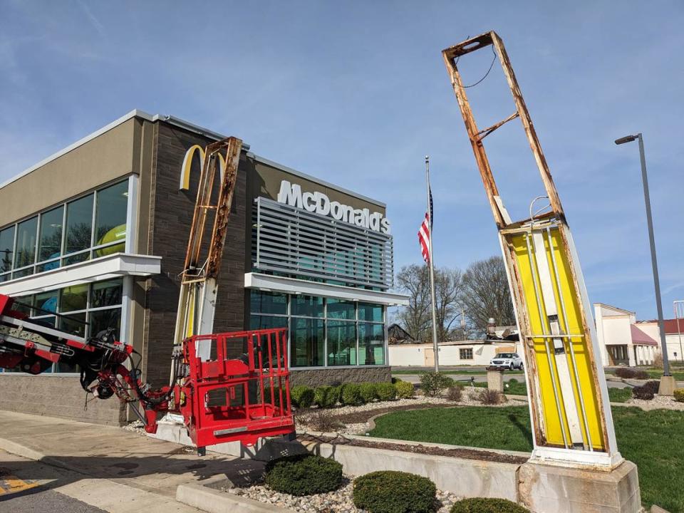 The single arch being dismantled at the recently closed McDonald’s on West Main Street in Belleville