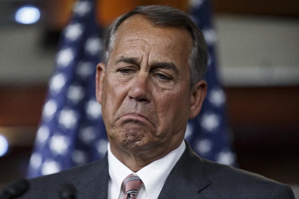 House Speaker John Boehner of Ohio pauses while meeting with reporters on Capitol Hill in Washington, Thursday, Jan. 9, 2014. Boehner says he believes New Jersey Gov. Chris Christie remains a serious contender for the Republican 2016 presidential nomination, despite the traffic jam scandal engulfing the New Jersey governor. (AP Photo/J. Scott Applewhite)