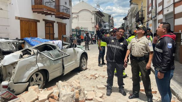 PHOTO: In this image posted to their Twitter account, Ecuador police look at damage from an earthquake, in Cuente, Ecuador, March 18, 2023. (@PoliciaEcuador/Twitter)