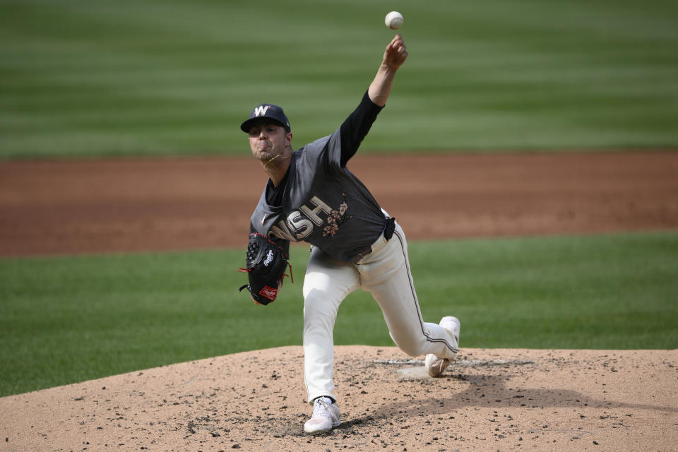 Washington Nationals starting pitcher MacKenzie Gore throws during the second inning of a baseball game against the Atlanta Braves, Saturday, June 8, 2024, in Washington. (AP Photo/Nick Wass)