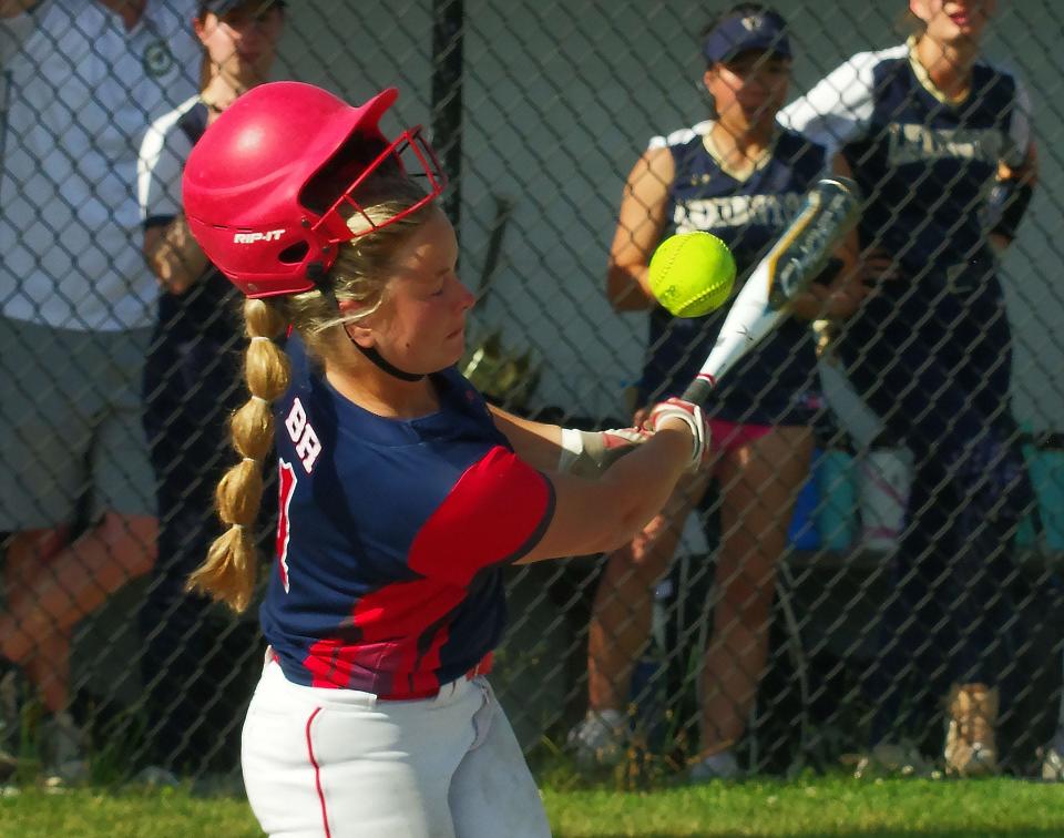 Sometimes it's not your day. Emma Flaherty of Bridgewater-Raynham gets fouls a pitch off her faceguard, which dislodged her helmet. She was unhurt and went on to complete the at-bat, Monday, June 6, 2022.