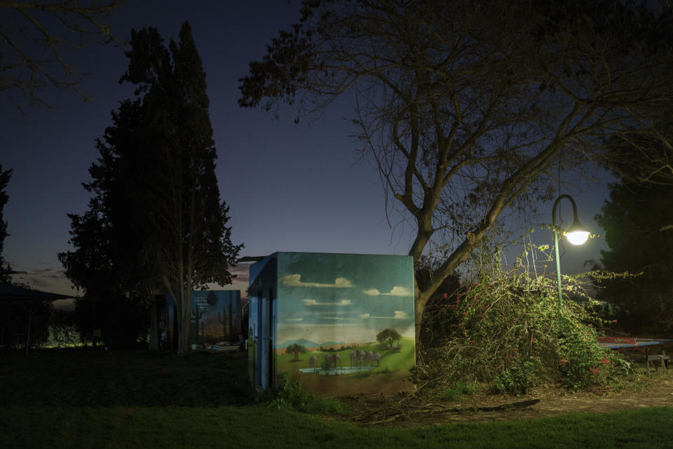 A rocket shelter is decorated with images of elephants at Kibbutz Nahal Oz, Israel, Wednesday, Feb. 28, 2024. (AP Photo/Leo Correa)