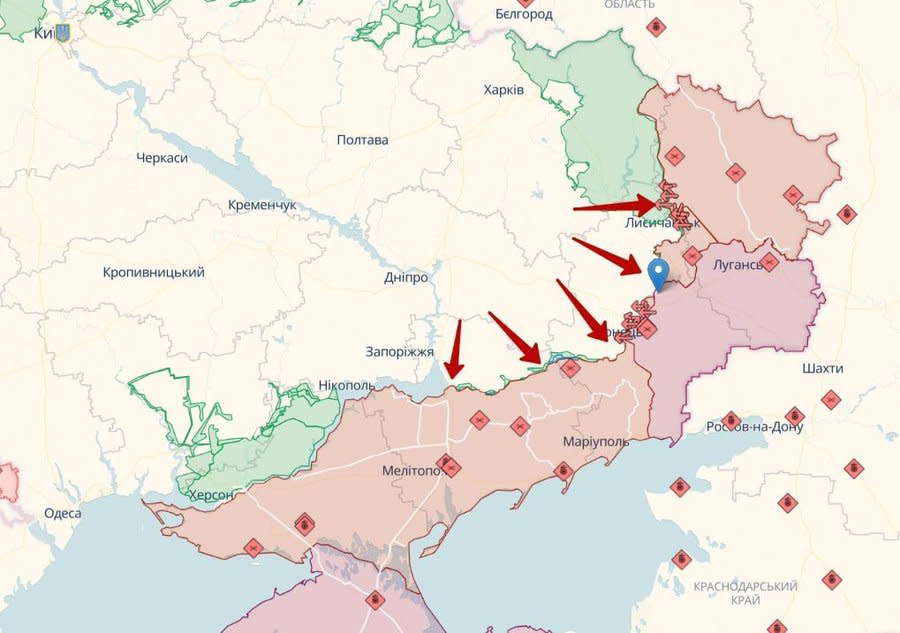 烏軍在梅利托波爾和別爾江斯克前線的進攻行動仍在持續。圖為烏軍作戰地圖。   圖：翻攝自Maria Drutska推特