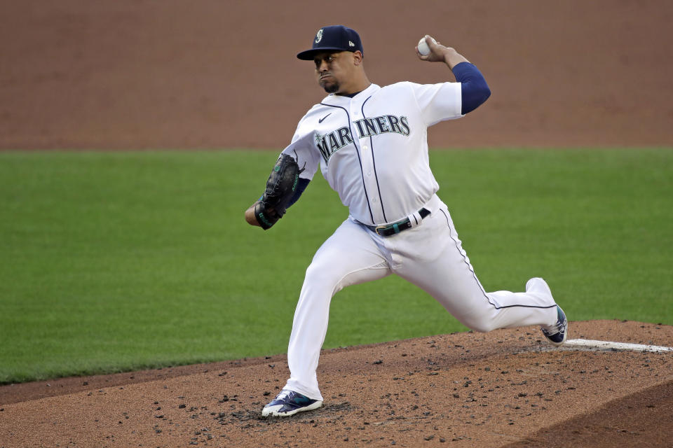 Seattle Mariners starting pitcher Justus Sheffield throws against the Oakland Athletics during the second inning of a baseball game Monday, Aug. 3, 2020, in Seattle. (AP Photo/Ted S. Warren)