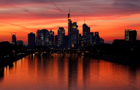 The skyline with its financial district is photographed early evening in Frankfurt