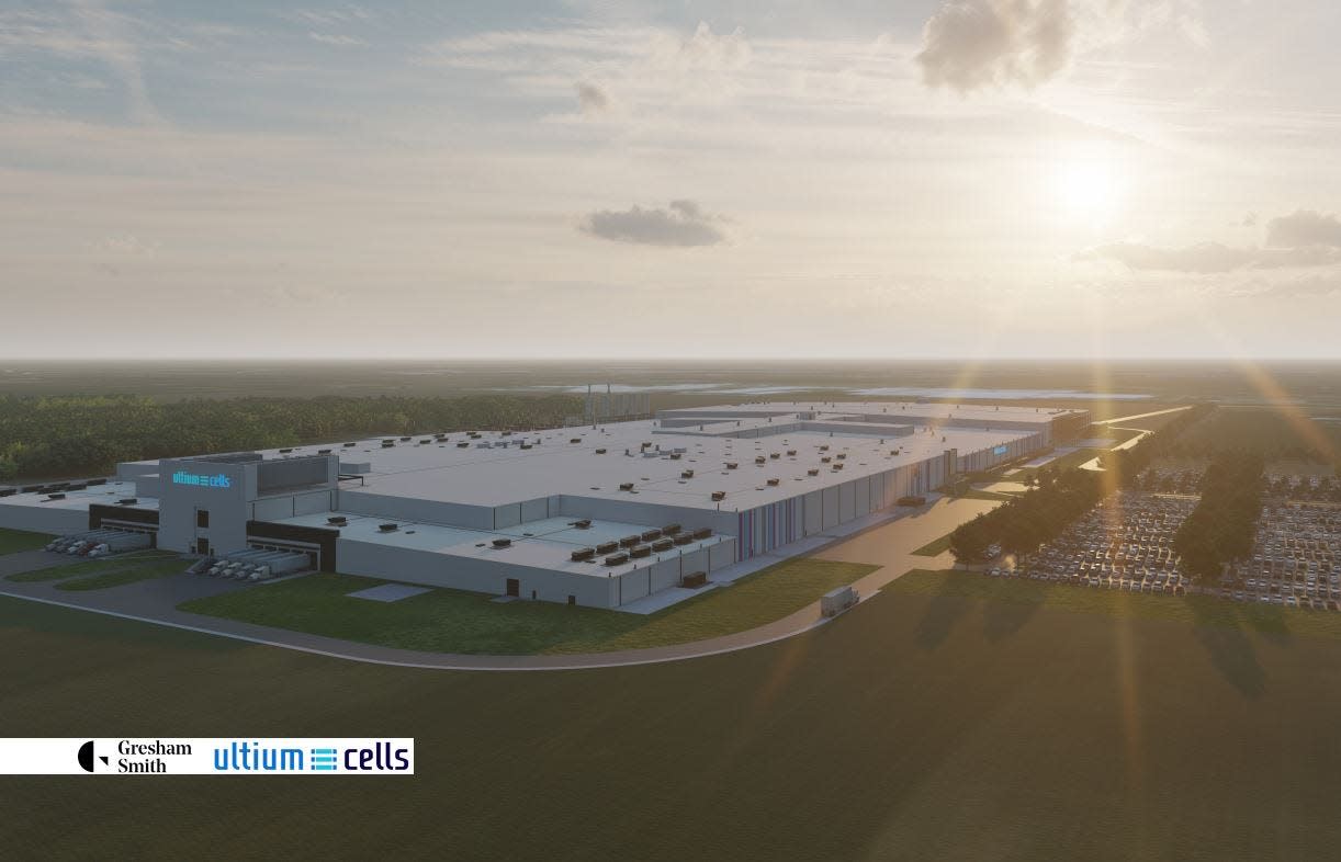 A rendering of the 2.8 million-square-foot future Ultium Cells battery cell plant in Delta Township.