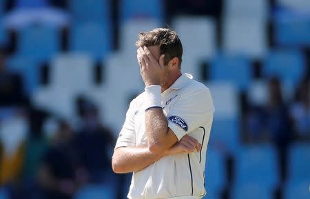 Cricket - New Zealand v South Africa - second cricket test match - Centurion Park , Centurion , South Africa - 28/8/2016 New Zealand's Tim Southee reacts during their cricket match against South Africa. REUTERS/Siphiwe Sibeko