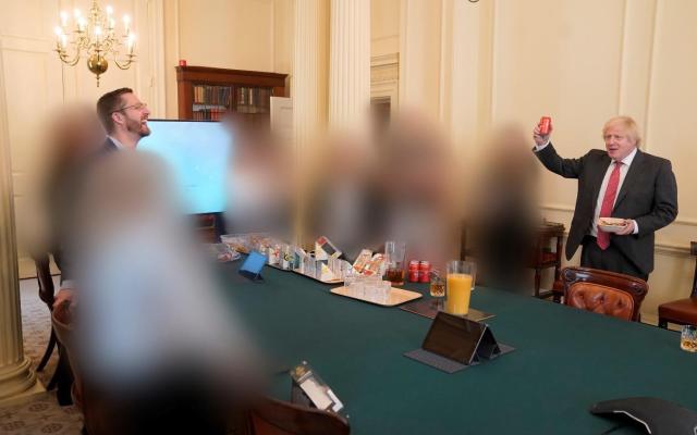 Boris Johnson (right) at a gathering in the Cabinet Room in 10 Downing Street on his birthday