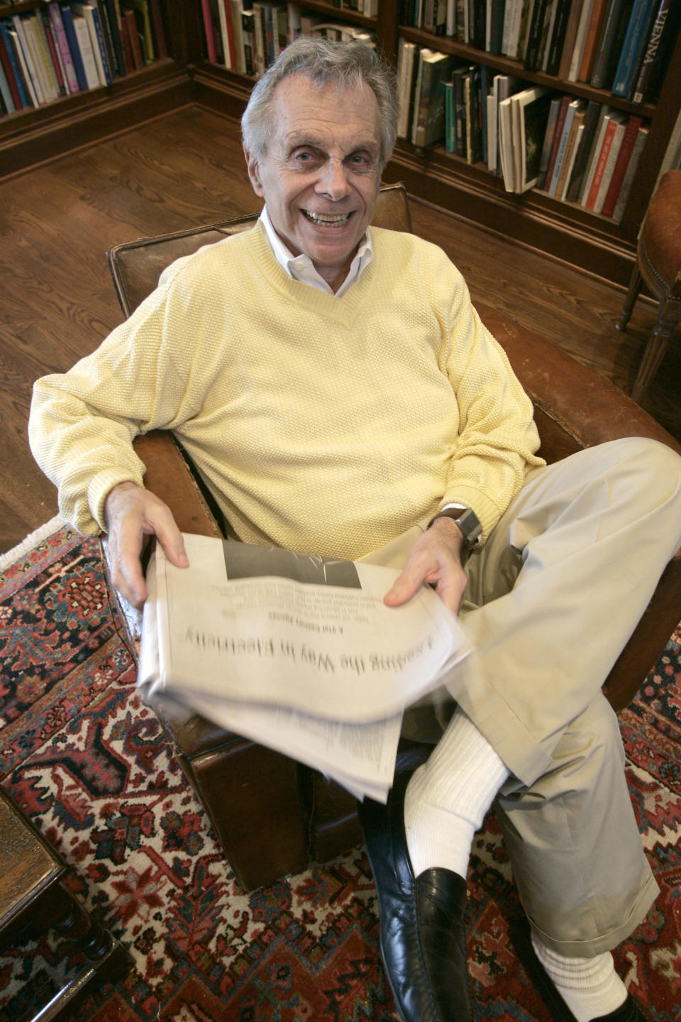 FILE - Comedian Mort Sahl poses for a photo in Los Angeles on June 12, 2007. Sahl, who helped revolutionize stand-up comedy during the Cold War with his running commentary on politicians and current events died Tuesday, Oct. 26. 2021. He was 94. His friend Lucy Mercer said that he died "peacefully" at his home in Mill Valley, Calif. (AP Photo/Chris Carlson, File)