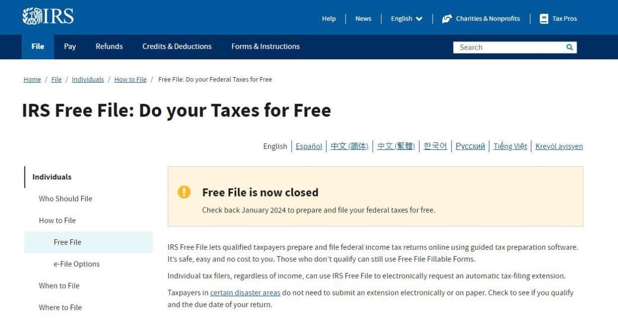 Screenshot of IRS Free File site