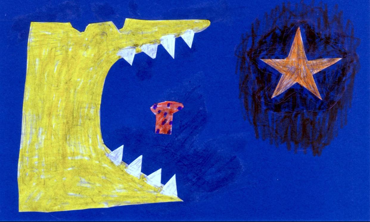 A yellow creature with teeth opens its mouth before a meal as a star shines in the background.