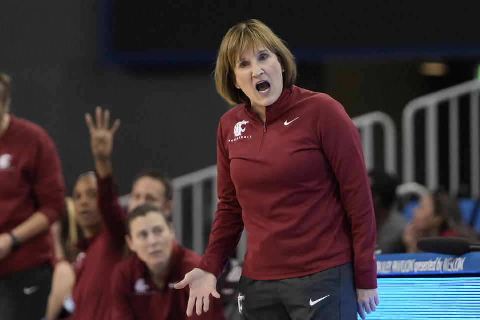 Washington State head coach Mary Camille Ethridge reacts during the second half of an NCAA college basketball game against UCLA, Sunday, Jan. 28, 2024, in Los Angeles. (AP Photo/Ryan Sun)