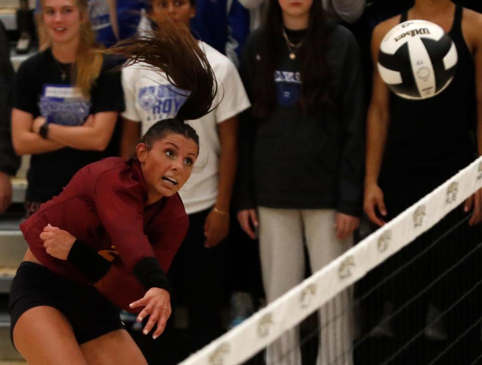 McCutcheon Mavericks outside hitter Chloe Chicoine (2) spikes the ball during the IHSAA regional championship match against the Hamilton Southeastern Royals, Saturday, Oct. 22, 2022, at Noblesville High School in Noblesville, Ind. HSE won after four sets. 