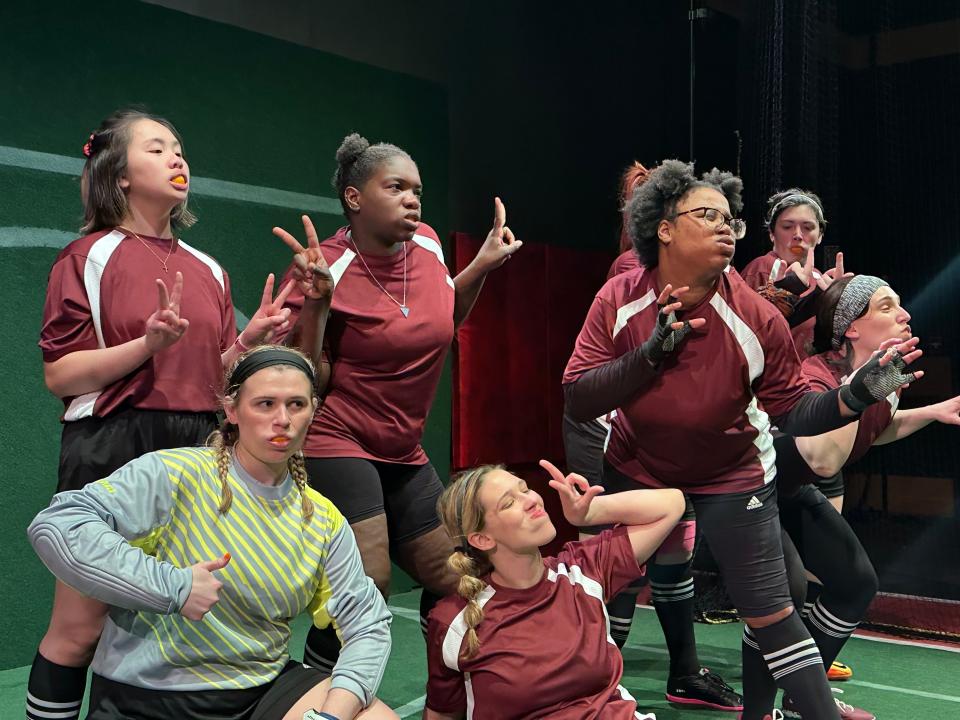 Left to right, Cindy Tran Nguyen, Gwenyth Clare, Sermontee Brown, Emma Rose Johnson, Sha-Lemar Davis, Summit J. Starr and Ollie Worden are shown in a scene from CATCO's 2022-23 season closer, "The Wolves."