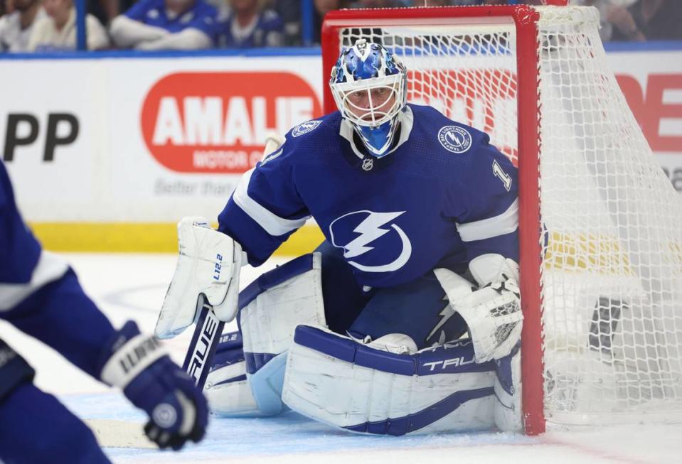 Apr 13, 2023; Tampa, Florida, USA; Tampa Bay Lightning goaltender Brian Elliott (1) defends the goal against the Detroit Red Wings during the second period at Amalie Arena. Mandatory Credit: Kim Klement-USA TODAY Sports