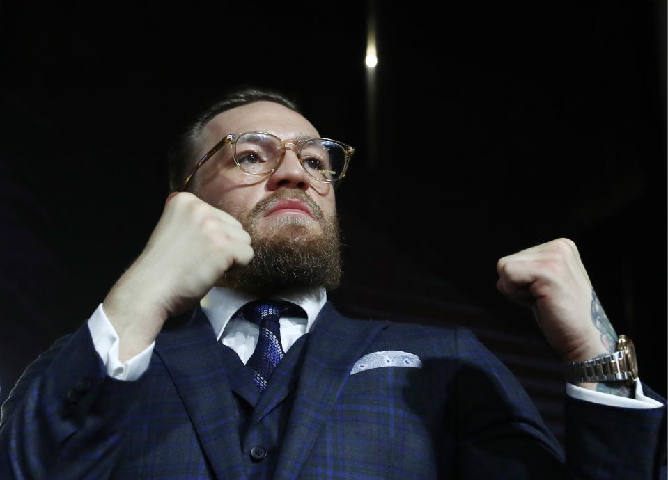 MOSCOW, RUSSIA - OCTOBER 24, 2019: Former UFC lightweight champion, Irish mixed martial artist Conor McGregor, gives a press conference. Stanislav Krasilnikov/TASS (Photo by Stanislav Krasilnikov\TASS via Getty Images)