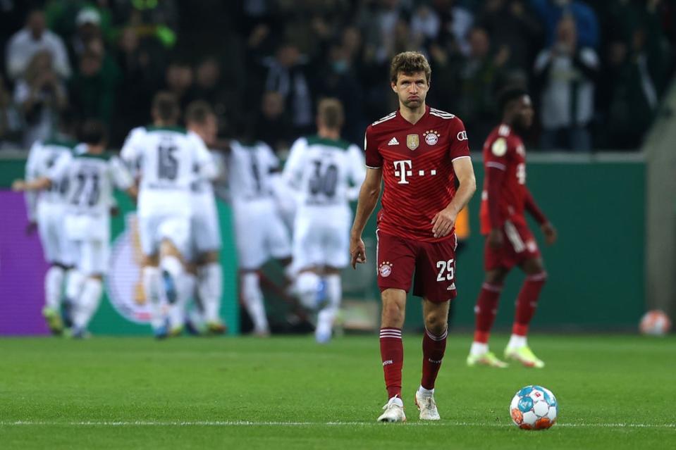 Thomas Mueller reacts to another goal scored against Bayern Munich (Getty Images)